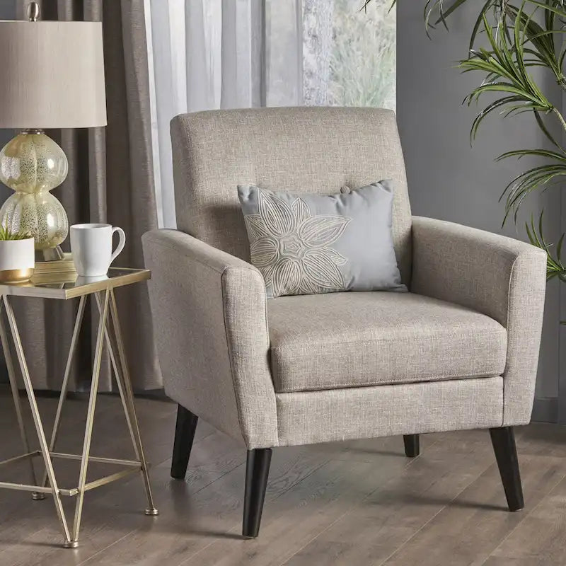 Upholstered Button-Tufted Club Chair with Birch Wood Legs