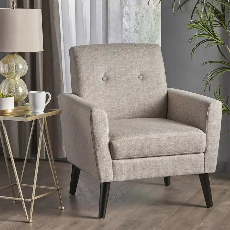Upholstered Button-Tufted Club Chair with Birch Wood Legs