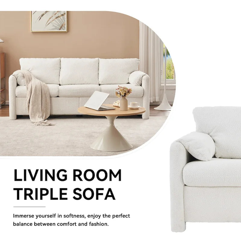 Ivory White 3-Seater Chenille Sofa with Deep Seat