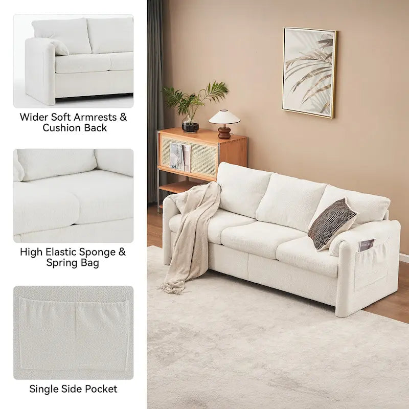 Ivory White 3-Seater Chenille Sofa with Deep Seat