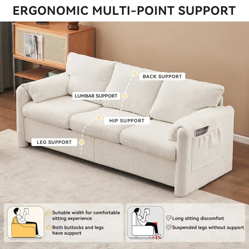 Ivory White 3-Seater Chenille Sofa with Deep Seat