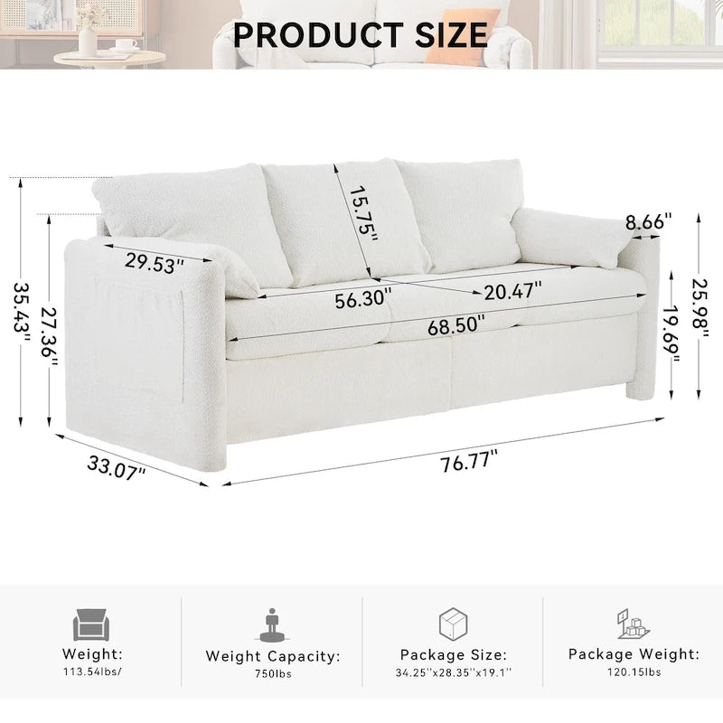 Ivory White 3-Seater Chenille Sofa with Deep Seat