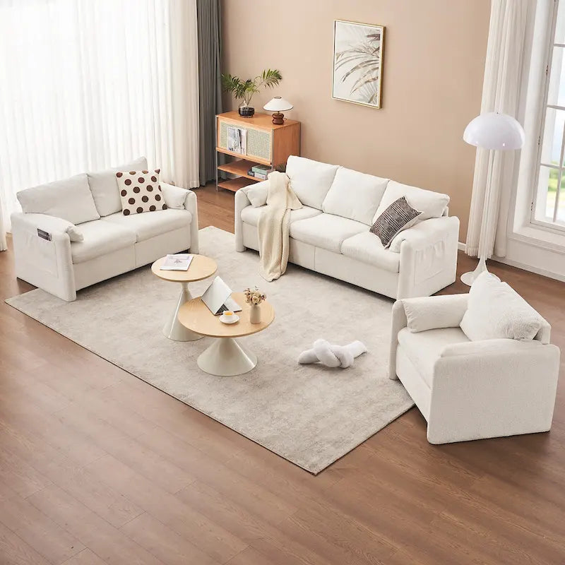 Ivory White 3-Seater Chenille Sofa with Deep Seat