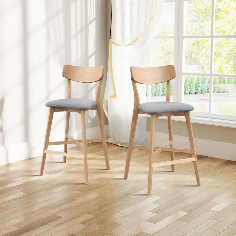 Set of 2 Upholstered Bar Stools with Backs and Solid Wood Frames