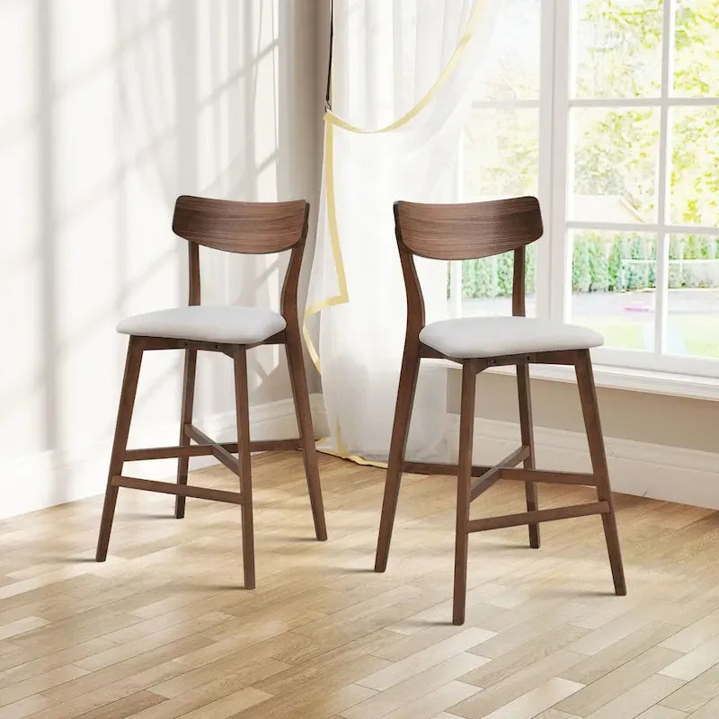 Set of 2 Upholstered Bar Stools with Backs and Solid Wood Frames