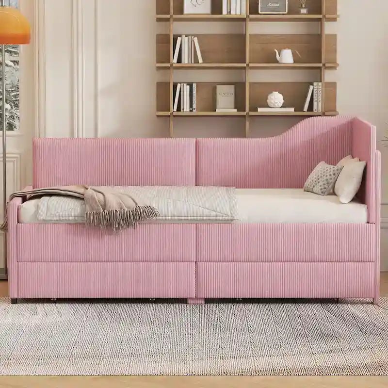 Twin L-Shaped Corduroy Upholstered Daybed with 2 Storage Drawers, Beige
