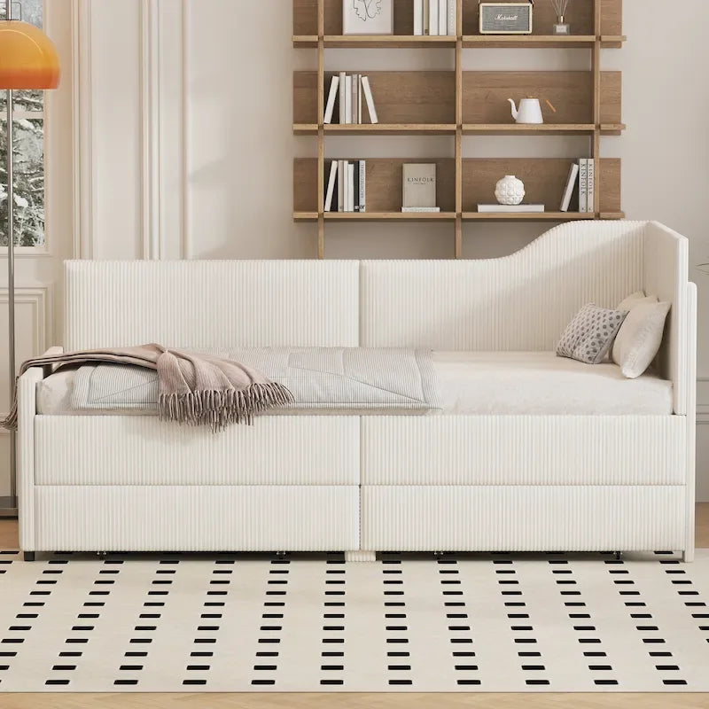 Twin L-Shaped Corduroy Upholstered Daybed with 2 Storage Drawers, Beige