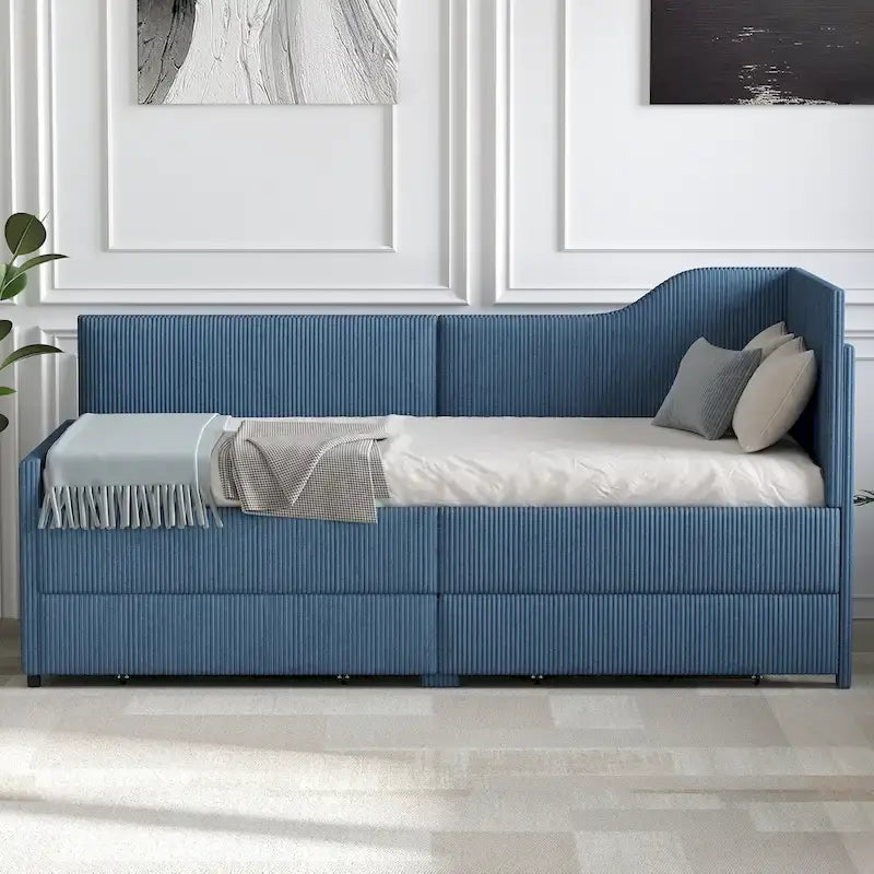 Twin L-Shaped Corduroy Upholstered Daybed with 2 Storage Drawers, Beige