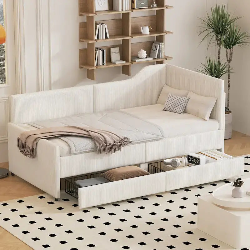 Twin L-Shaped Corduroy Upholstered Daybed with 2 Storage Drawers, Beige