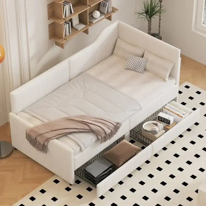 Twin L-Shaped Corduroy Upholstered Daybed with 2 Storage Drawers, Beige