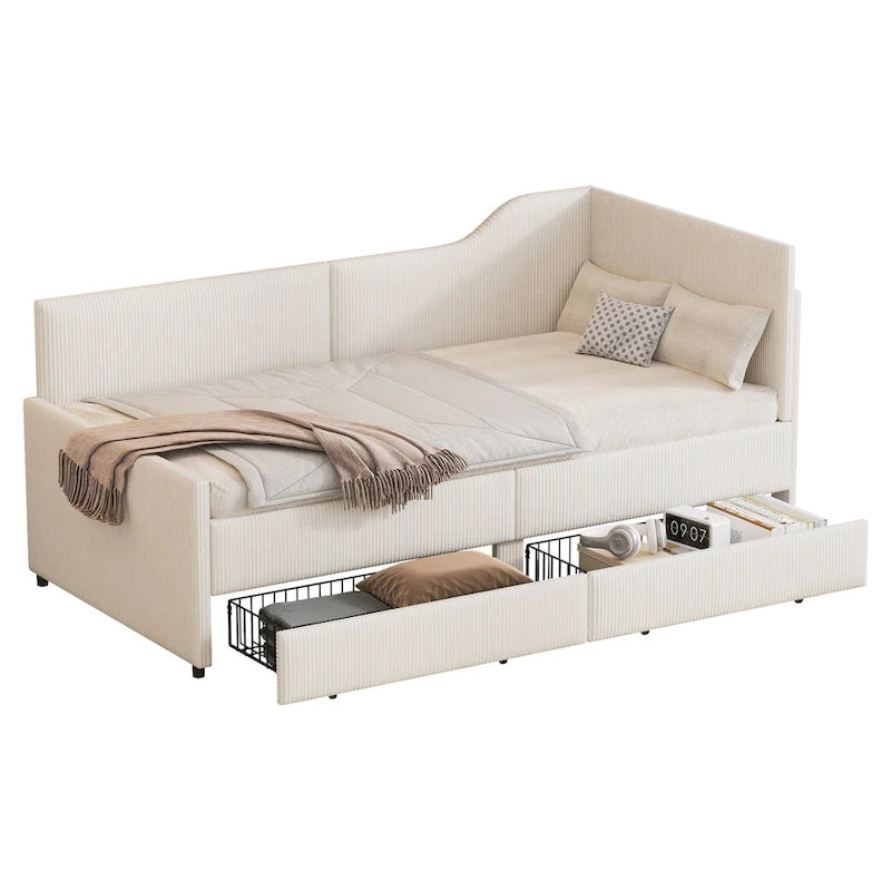 Twin L-Shaped Corduroy Upholstered Daybed with 2 Storage Drawers, Beige