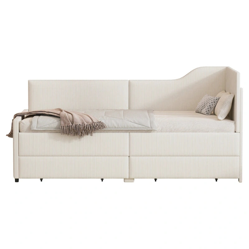 Twin L-Shaped Corduroy Upholstered Daybed with 2 Storage Drawers, Beige