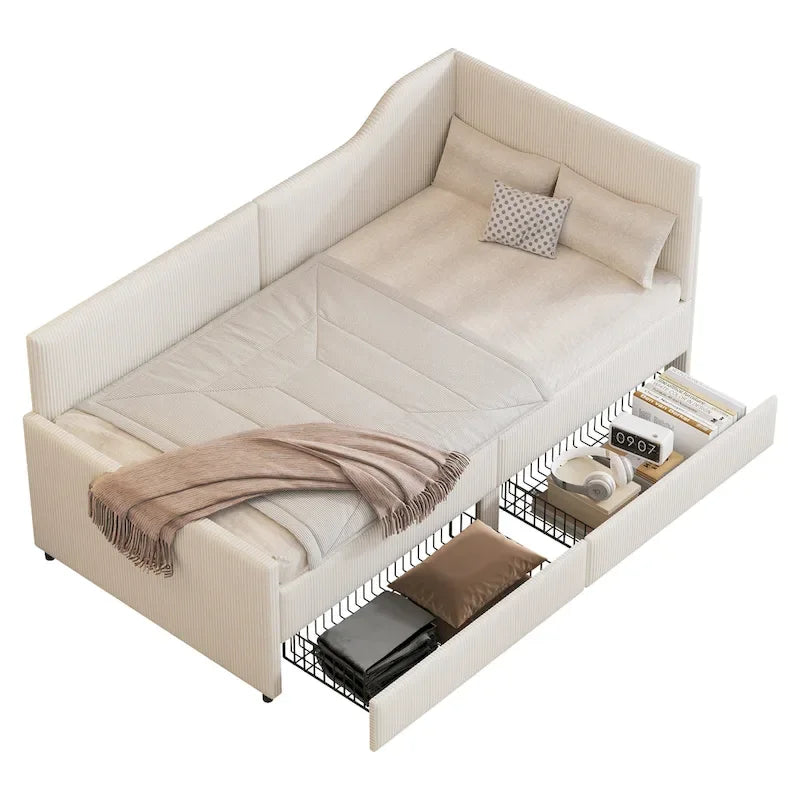 Twin L-Shaped Corduroy Upholstered Daybed with 2 Storage Drawers, Beige