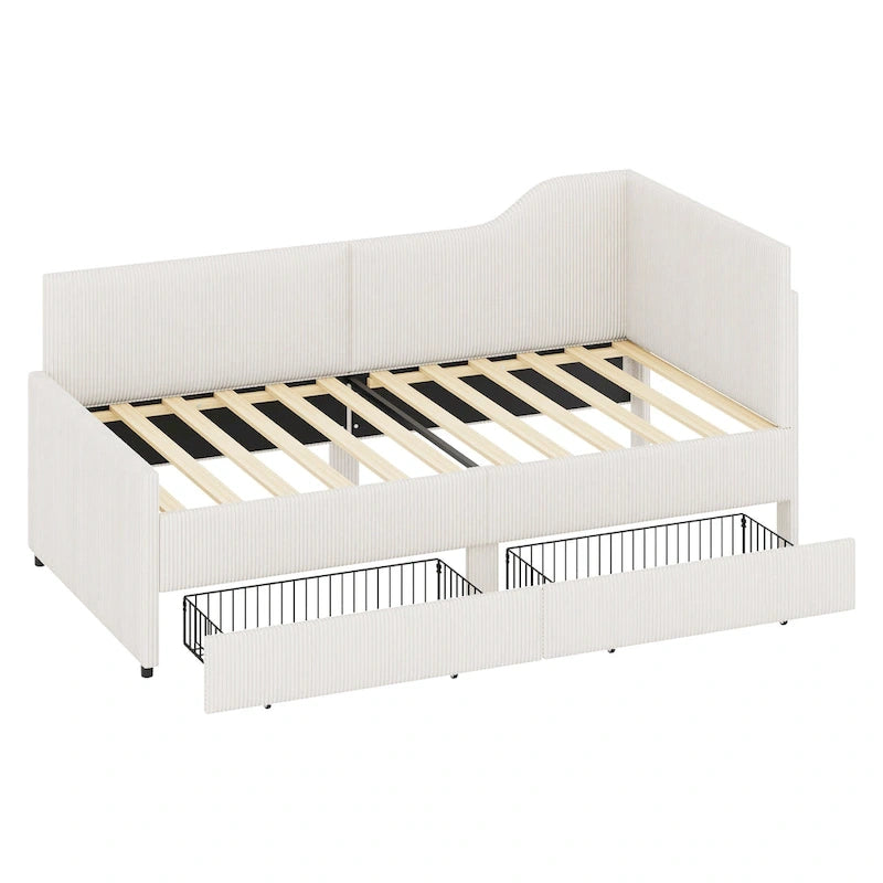 Twin L-Shaped Corduroy Upholstered Daybed with 2 Storage Drawers, Beige