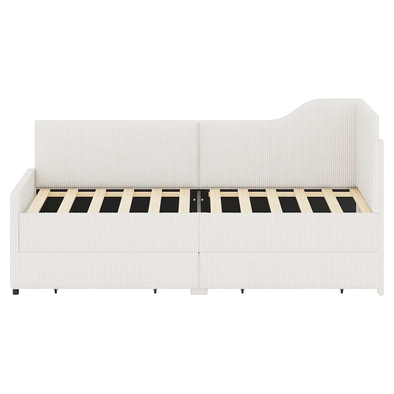 Twin L-Shaped Corduroy Upholstered Daybed with 2 Storage Drawers, Beige