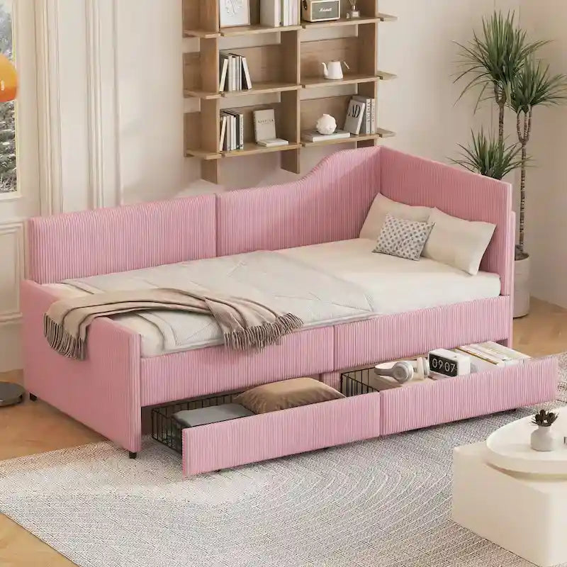 Twin L-Shaped Corduroy Upholstered Daybed with 2 Storage Drawers, Beige