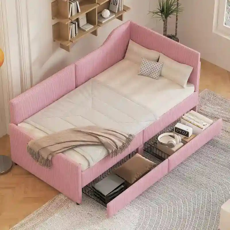 Twin L-Shaped Corduroy Upholstered Daybed with 2 Storage Drawers, Beige
