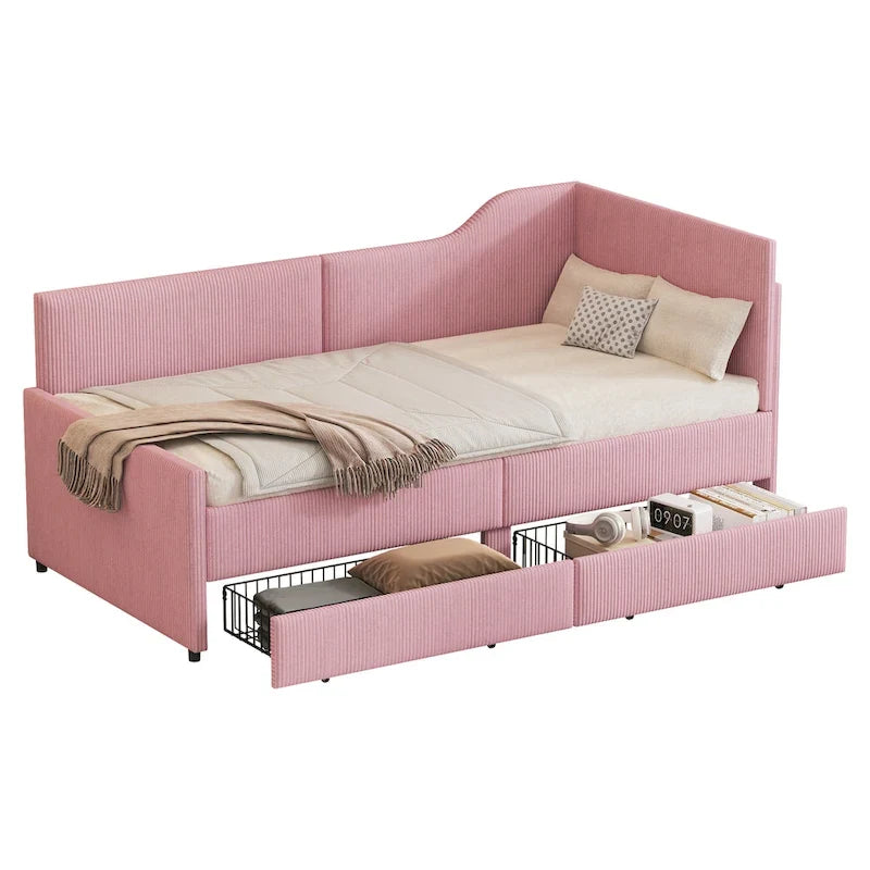 Twin L-Shaped Corduroy Upholstered Daybed with 2 Storage Drawers, Beige