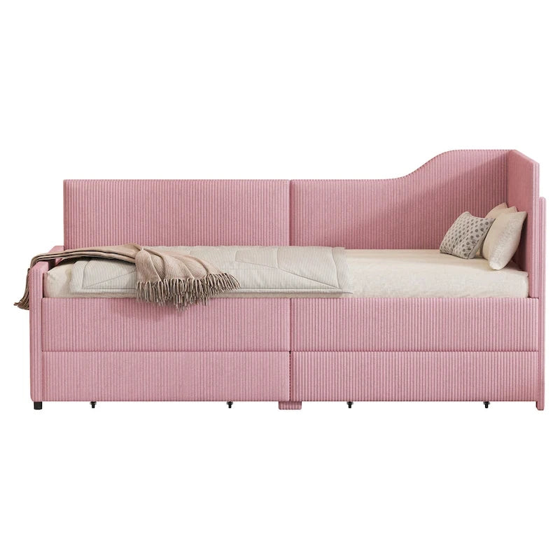 Twin L-Shaped Corduroy Upholstered Daybed with 2 Storage Drawers, Beige