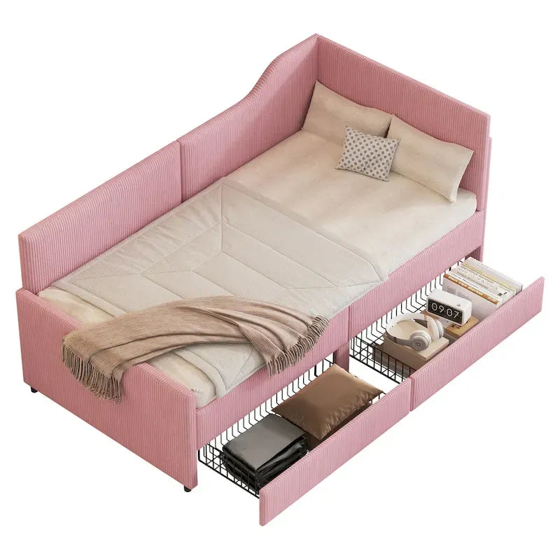 Twin L-Shaped Corduroy Upholstered Daybed with 2 Storage Drawers, Beige