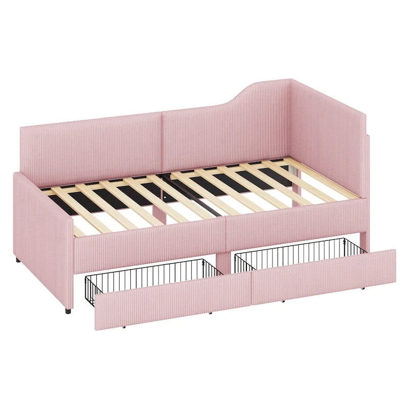 Twin L-Shaped Corduroy Upholstered Daybed with 2 Storage Drawers, Beige