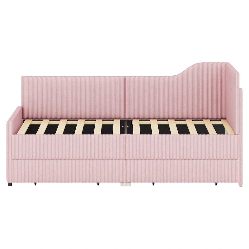 Twin L-Shaped Corduroy Upholstered Daybed with 2 Storage Drawers, Beige