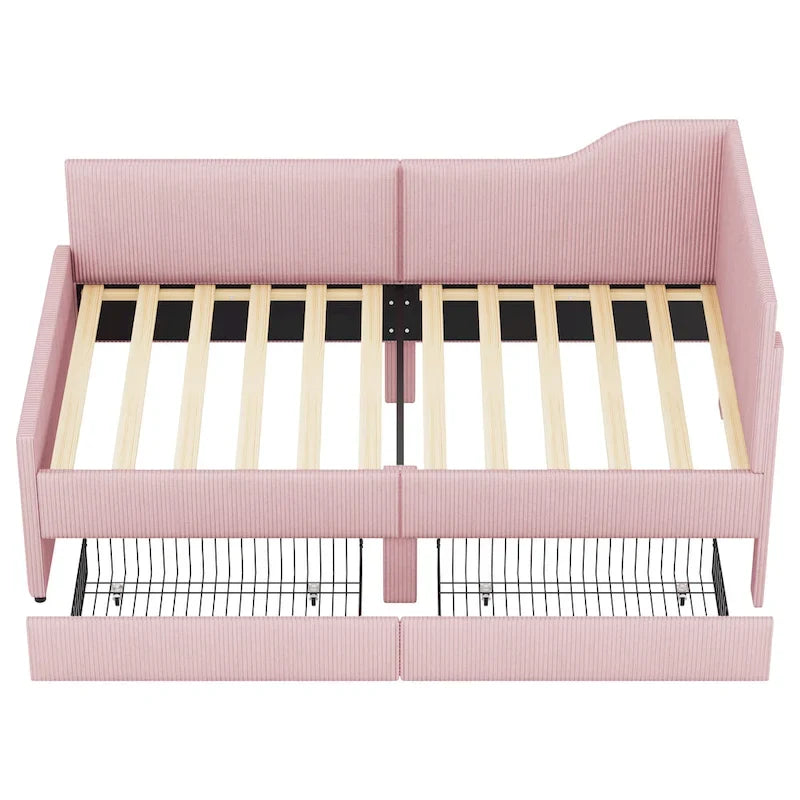 Twin L-Shaped Corduroy Upholstered Daybed with 2 Storage Drawers, Beige