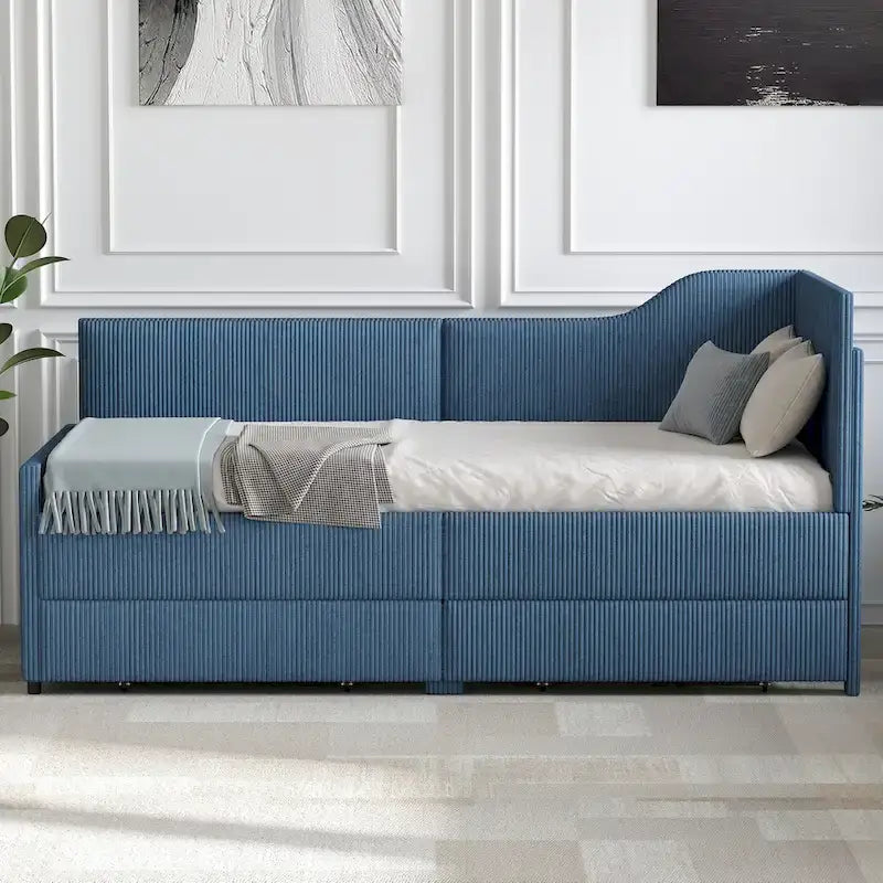 Twin L-Shaped Corduroy Upholstered Daybed with 2 Storage Drawers, Beige