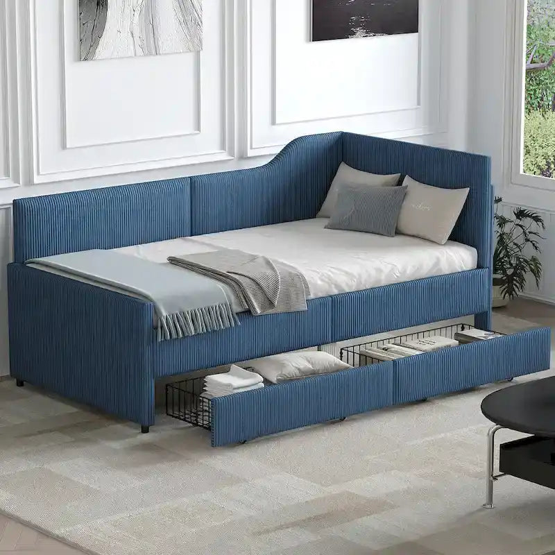 Twin L-Shaped Corduroy Upholstered Daybed with 2 Storage Drawers, Beige