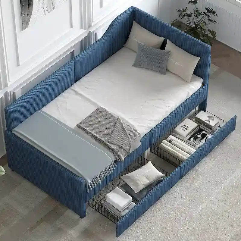 Twin L-Shaped Corduroy Upholstered Daybed with 2 Storage Drawers, Beige