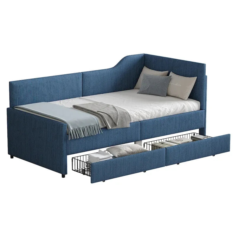 Twin L-Shaped Corduroy Upholstered Daybed with 2 Storage Drawers, Beige