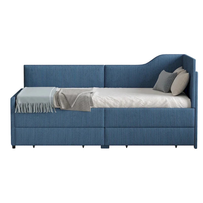 Twin L-Shaped Corduroy Upholstered Daybed with 2 Storage Drawers, Beige