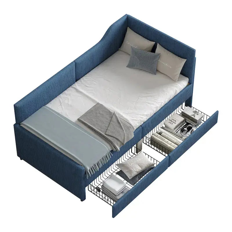 Twin L-Shaped Corduroy Upholstered Daybed with 2 Storage Drawers, Beige