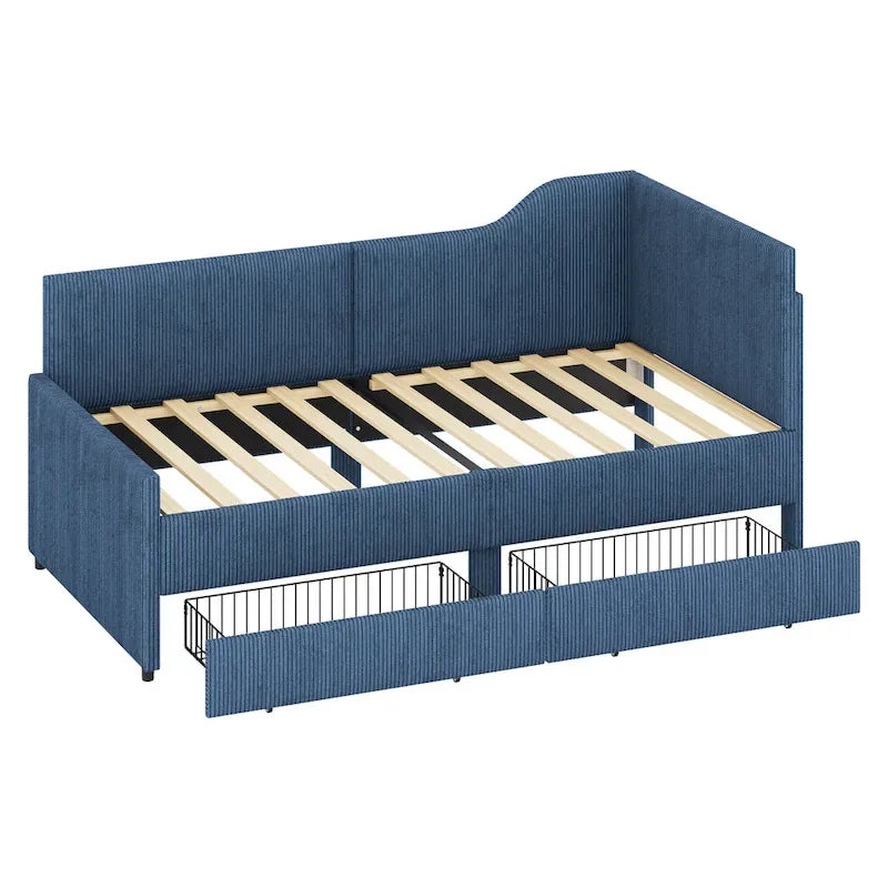 Twin L-Shaped Corduroy Upholstered Daybed with 2 Storage Drawers, Beige