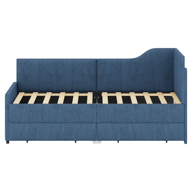 Twin L-Shaped Corduroy Upholstered Daybed with 2 Storage Drawers, Beige