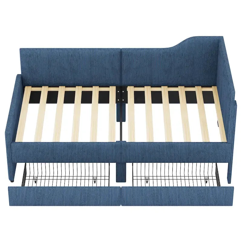Twin L-Shaped Corduroy Upholstered Daybed with 2 Storage Drawers, Beige