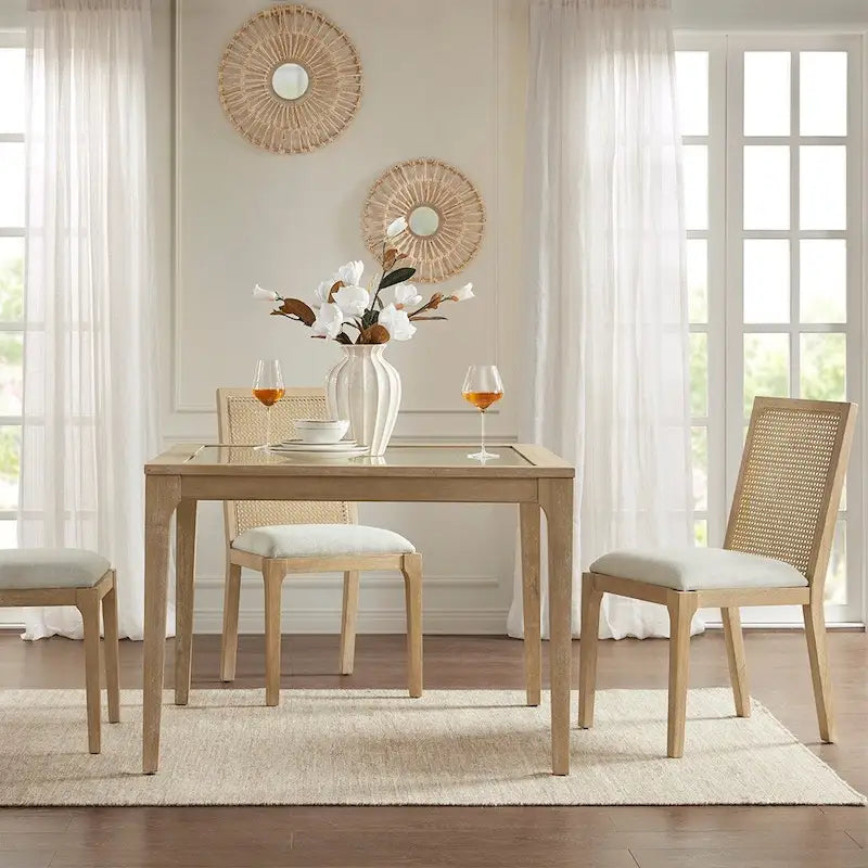 Solid Wood Dining Chairs with Woven Backs and Upholstered Seats, Set of 2