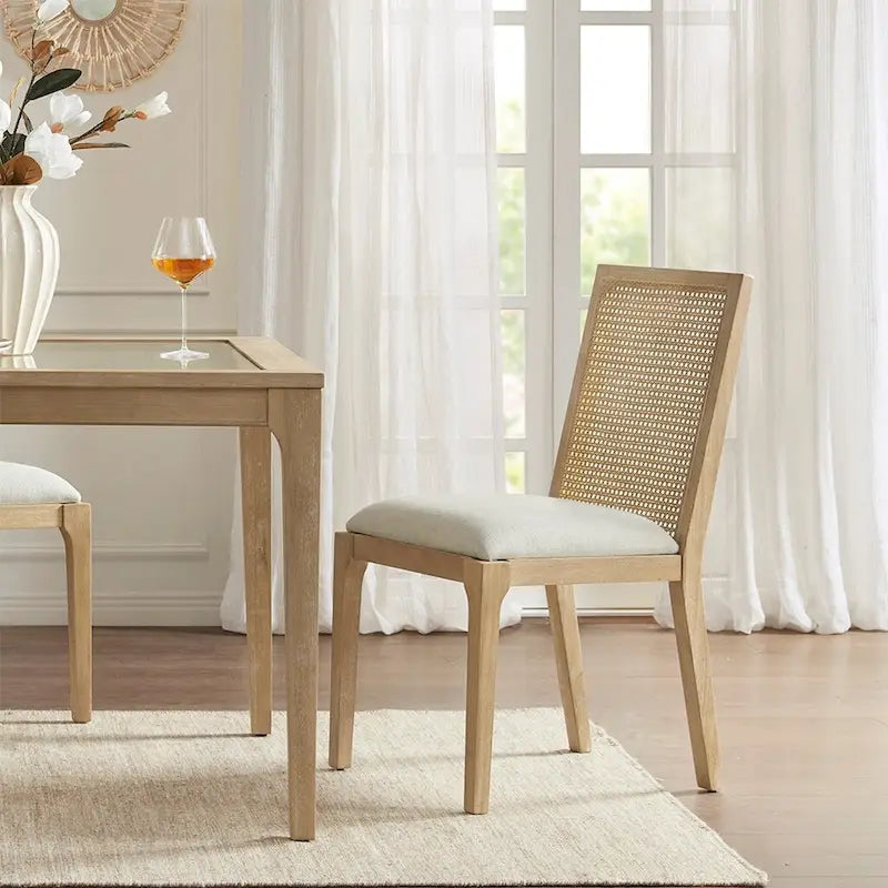 Solid Wood Dining Chairs with Woven Backs and Upholstered Seats, Set of 2