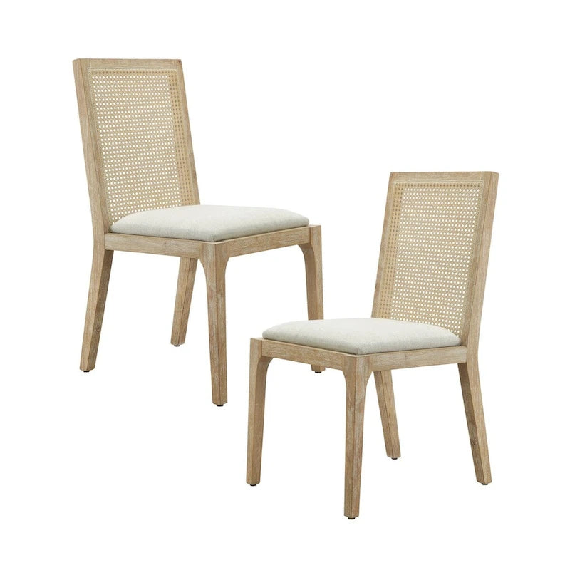 Solid Wood Dining Chairs with Woven Backs and Upholstered Seats, Set of 2