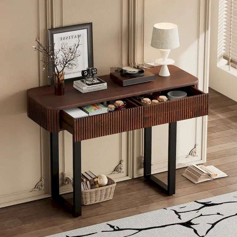 Fluted Mango Wood Console Table with Two Drawers, Honey and Black