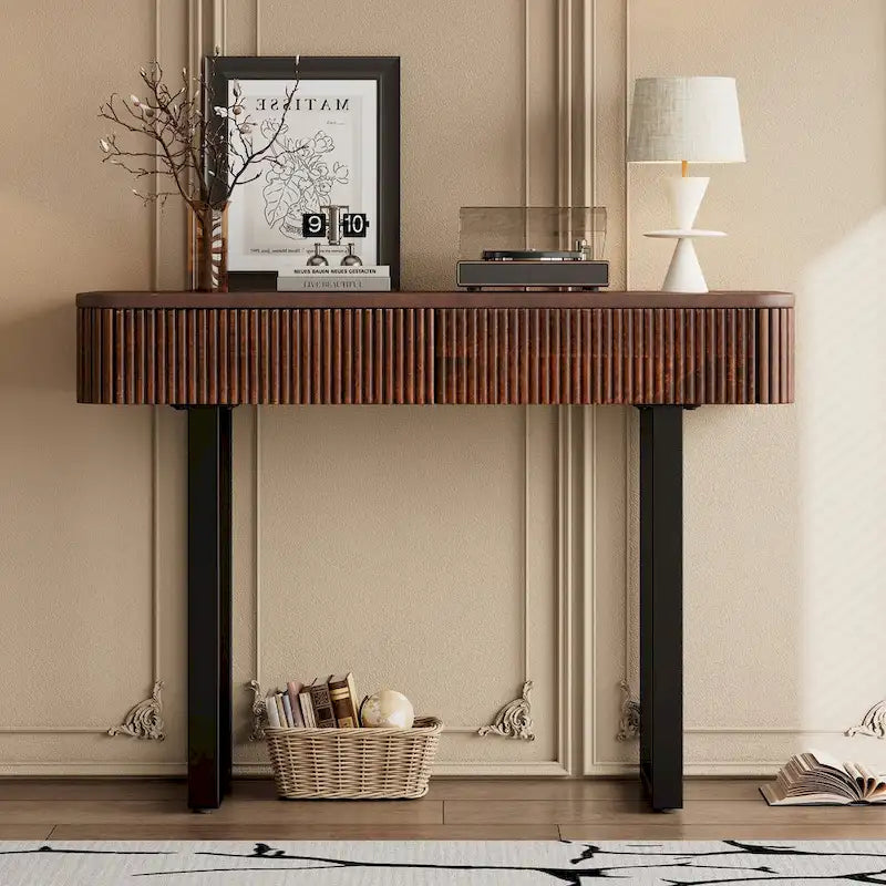 Fluted Mango Wood Console Table with Two Drawers, Honey and Black