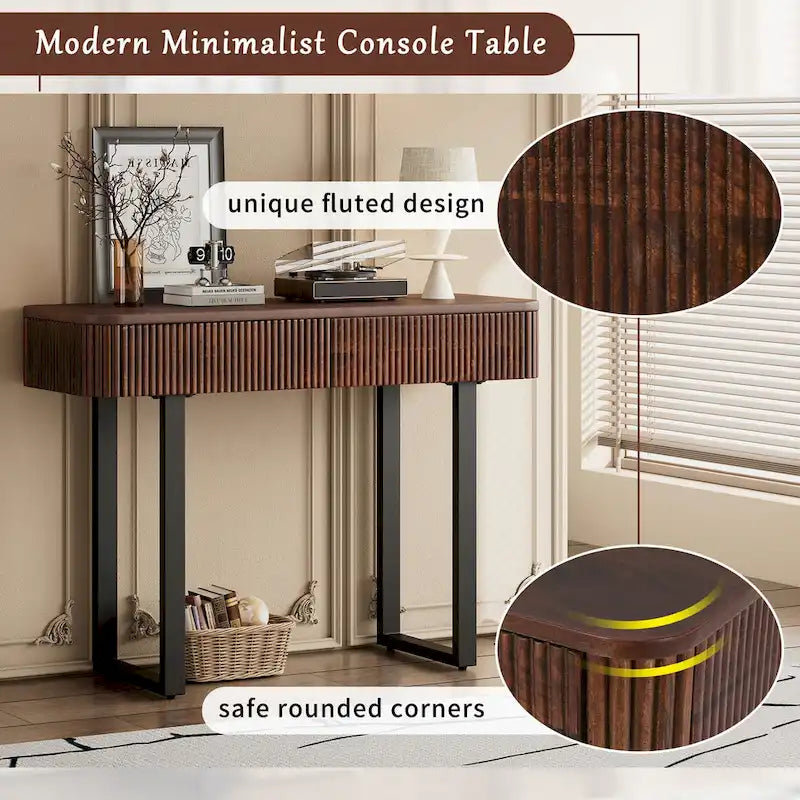 Fluted Mango Wood Console Table with Two Drawers, Honey and Black
