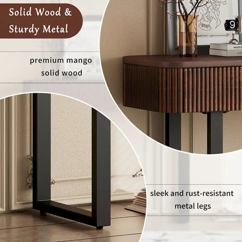 Fluted Mango Wood Console Table with Two Drawers, Honey and Black