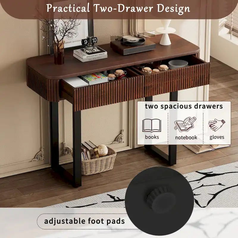 Fluted Mango Wood Console Table with Two Drawers, Honey and Black