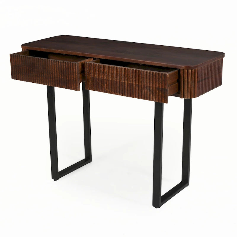 Fluted Mango Wood Console Table with Two Drawers, Honey and Black