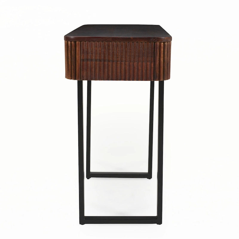 Fluted Mango Wood Console Table with Two Drawers, Honey and Black