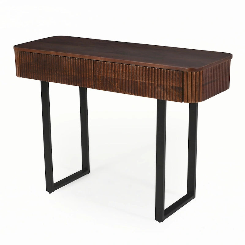Fluted Mango Wood Console Table with Two Drawers, Honey and Black