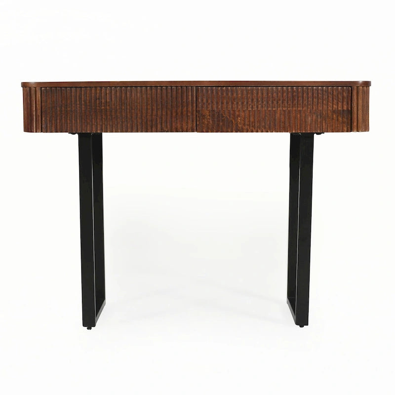 Fluted Mango Wood Console Table with Two Drawers, Honey and Black