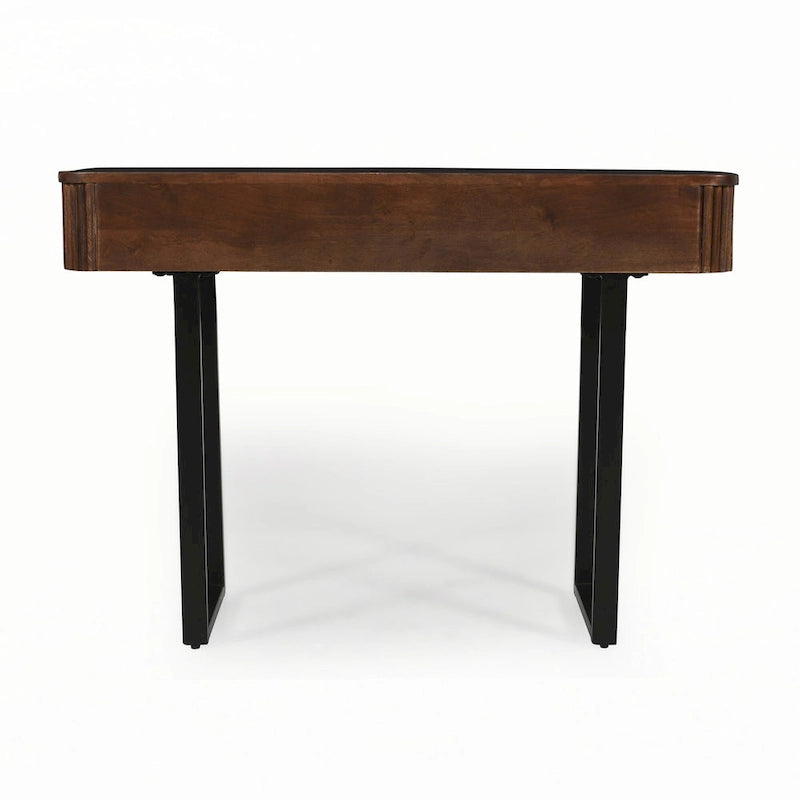 Fluted Mango Wood Console Table with Two Drawers, Honey and Black