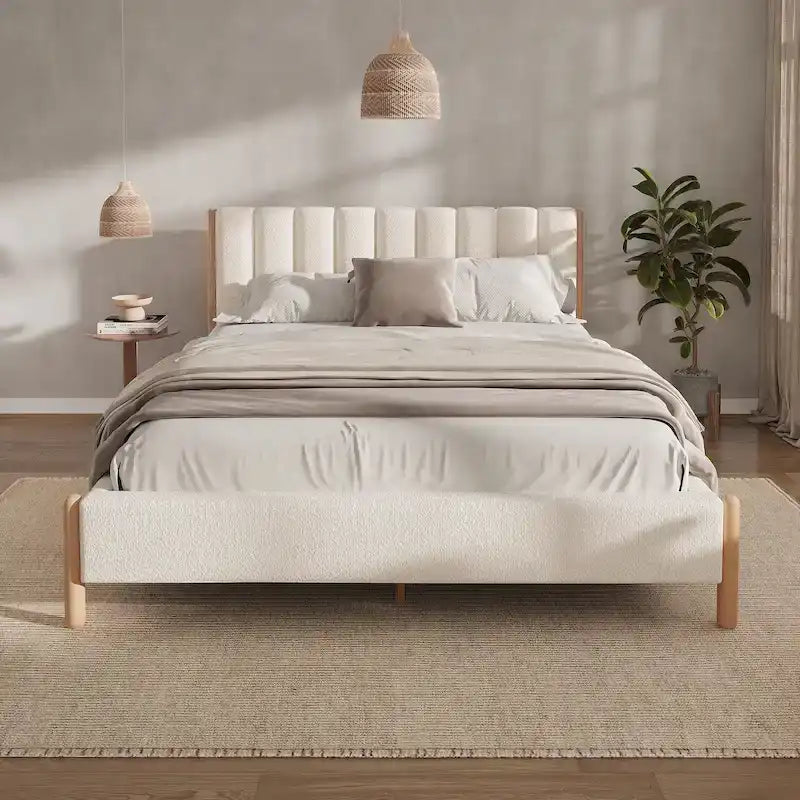 Upholstered Bed Frame with Wooden Legs